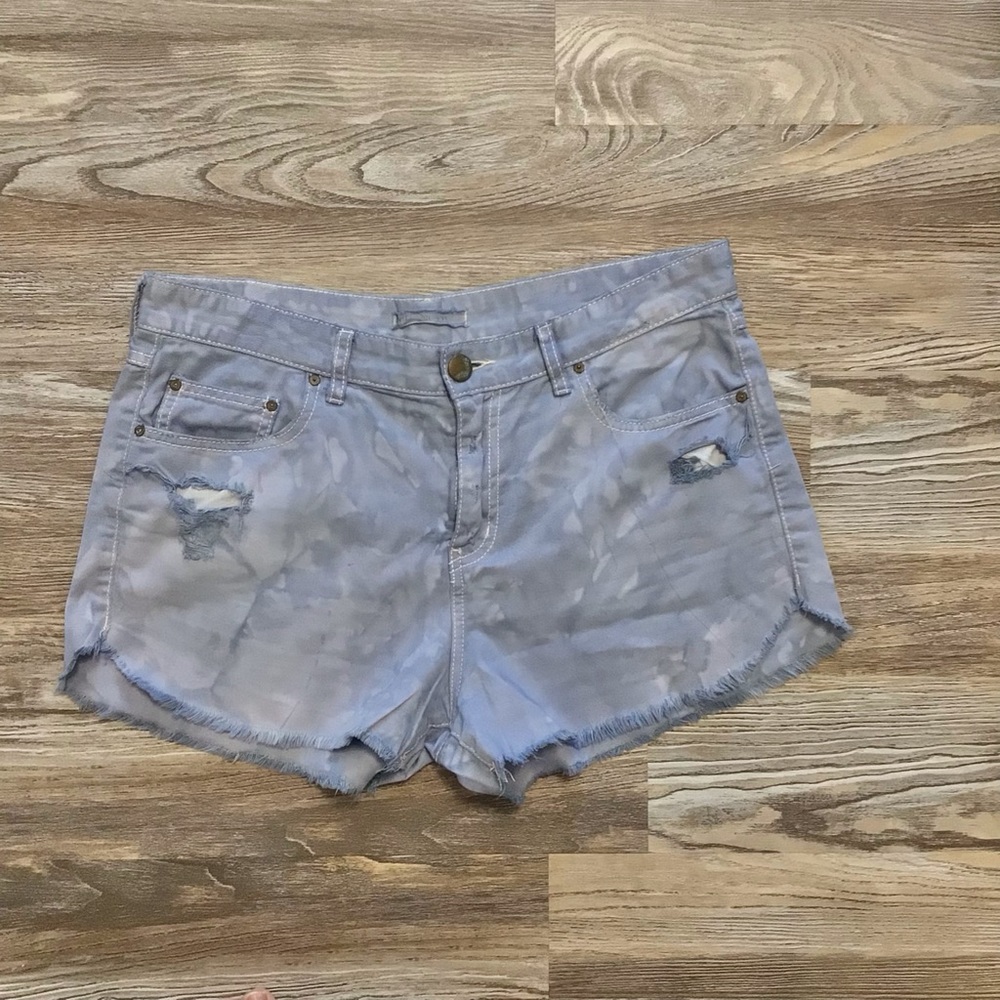 Free People High Rise Upcycled Dyed Blue Distressed Cotton Denim Shorts 31